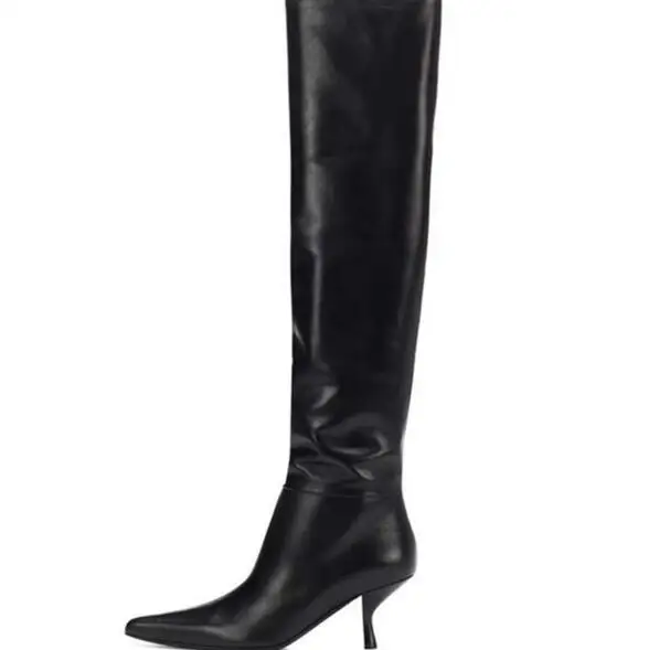 

Black Genuine Leather Pointed Toe 6 CM Thin Heels Slim Over The Knee Thigh Boots Woman Run Way Elastic Long Boots Drop Shipping