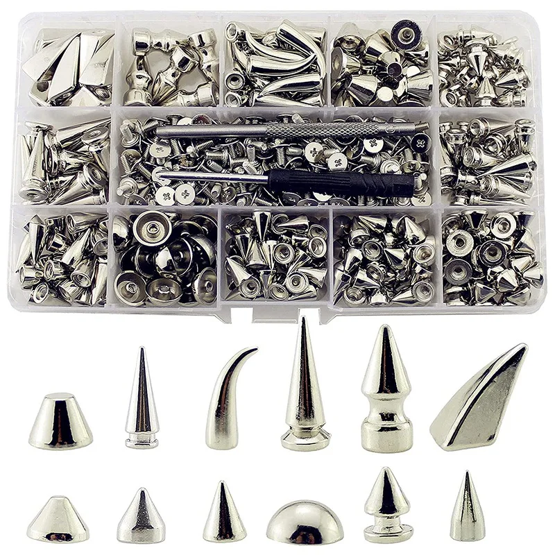 

265 Sets Multiple Designs Screw Back Silver Punk Spikes And Studs Metal Tree Cone Rivets For Leather Crafts DIY Project