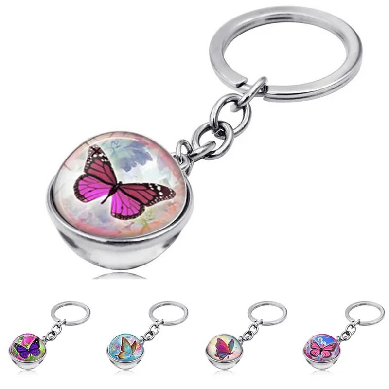 

1pc Fashion Butterfly Time Keychain Pendant silvercolor Cabochon Glass Ball Metal Keyring Creative Gift