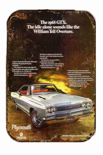 1968 GTX винтажный автомобильный рекламный металлический жестяной знак 8x12