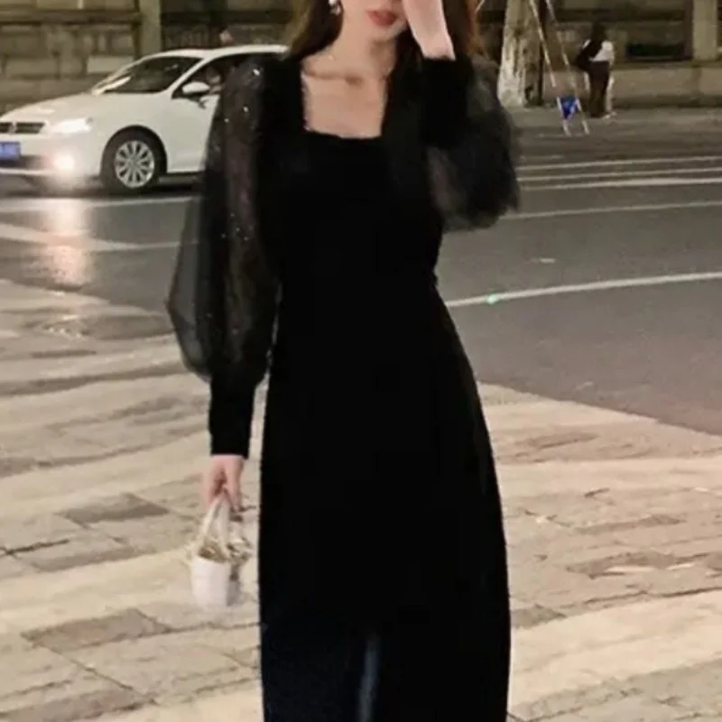 

Женское бархатное платье средней длины, черное элегантное винтажное платье с рукавами-фонариками и кружевом, корейская мода, зима 2021