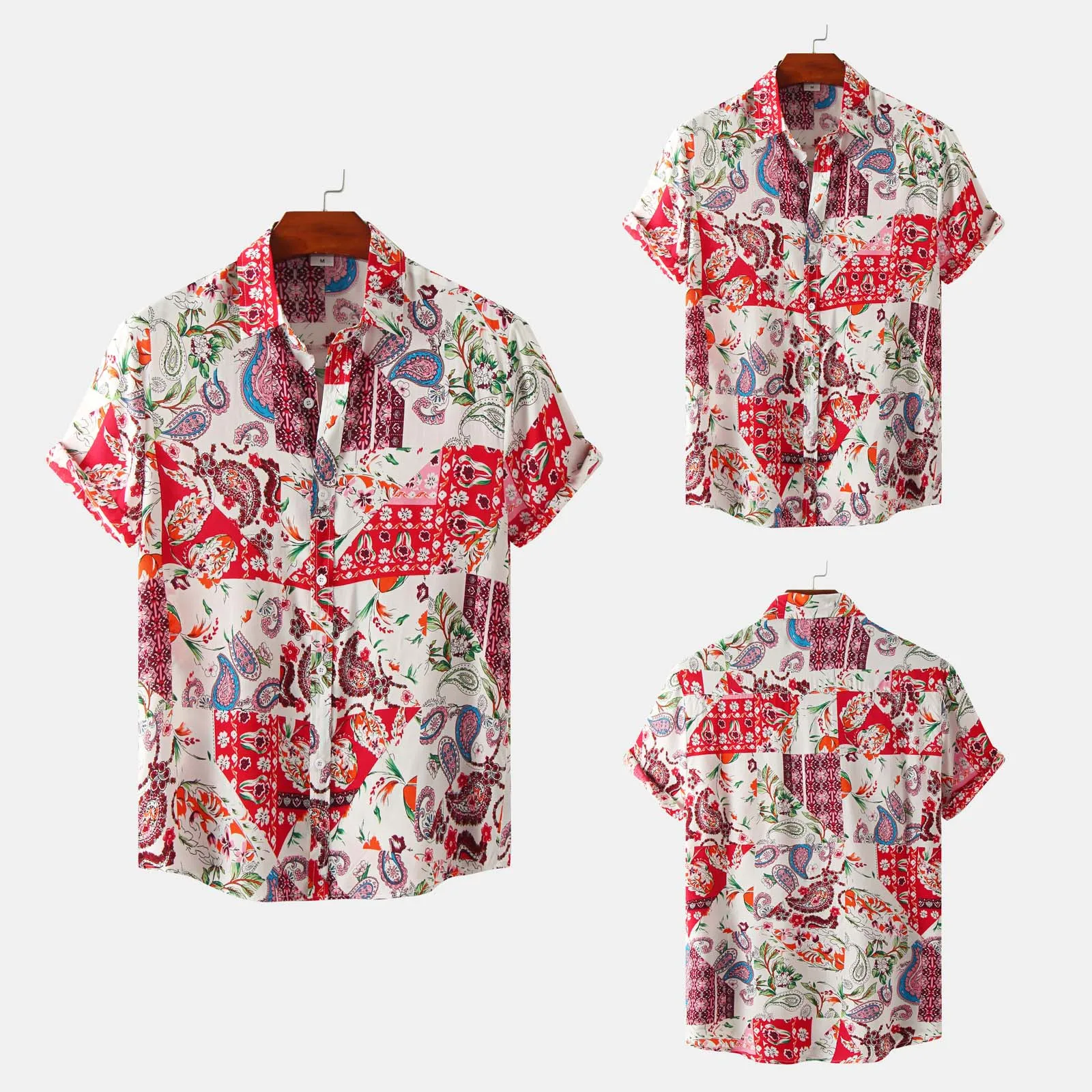 

Black Button down Mens Fashion And Leisure Printing Buckle Lapel Short Sleeve Shirt Top