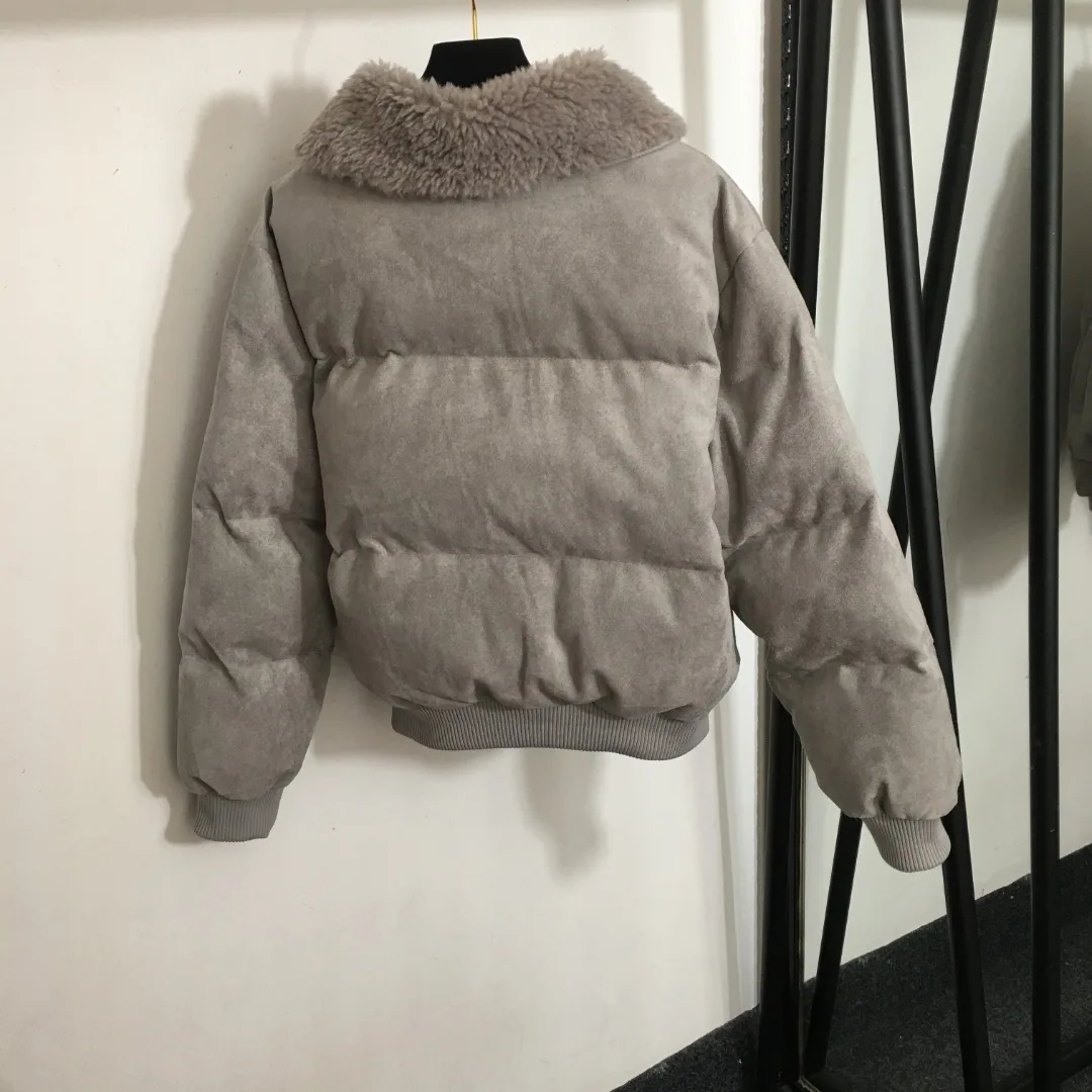 Lamb fur collar long sleeved cotton coat gray brown winter new velvet