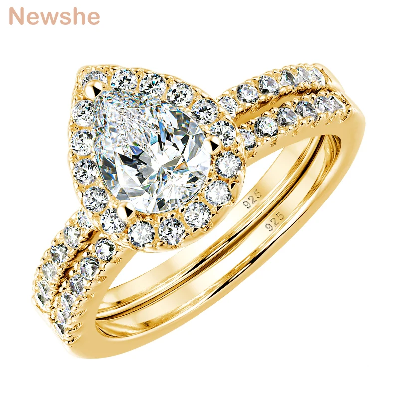 Newshe 2 Pieces Yellow Rose Gold Wedding Set Solid 925 Sterling Silver 3Ct Halo AAAAA CZ Pear Cut Engagement Rings For Women