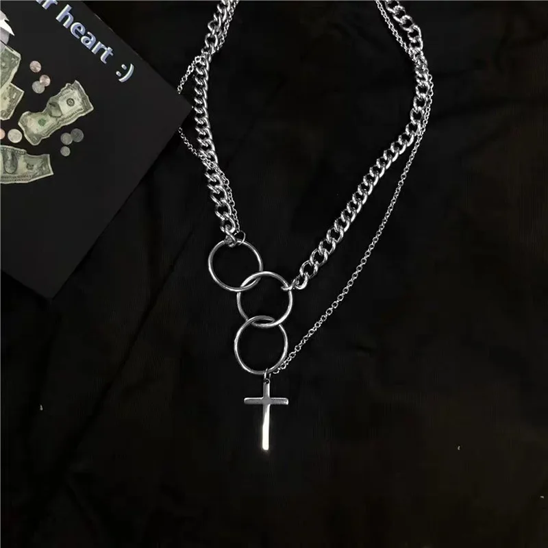 

U-Magical Punk Circle Hollow Metal Cross Pendant Necklace for Women Asymmetry Chunky Chain Double Layers Necklace Jewellery