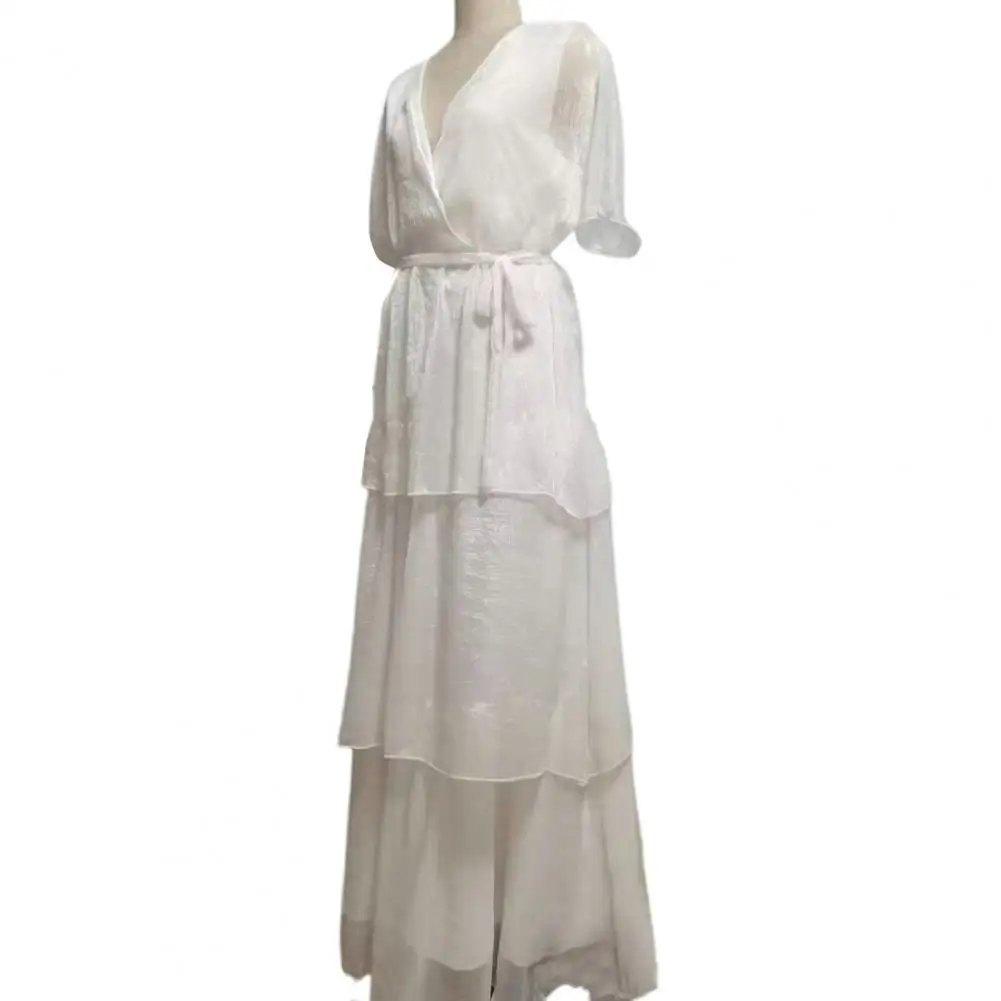 

Платье женское однотонное с V-образным вырезом, элегантное многослойное Макси-Платье с V-образным вырезом, с рукавом до локтя, с завышенной талией, со складками, для пляжа