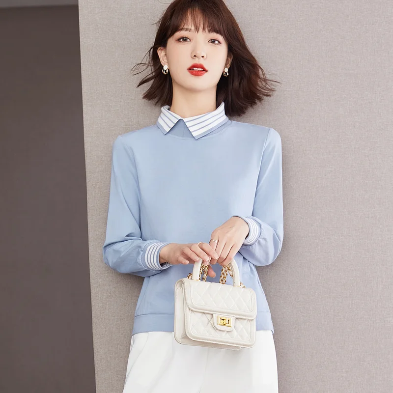 

Cotton Women's Sweatshirt Striped Print Long Sleeves Turn-down Collar Pullover Casual Fashion Autumn/Winter Tops Movafag