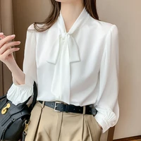 summer shirt women bow business wear white shirt womens 2021 autumn ribbon collar long sleeve loose foreign style chiffon tops