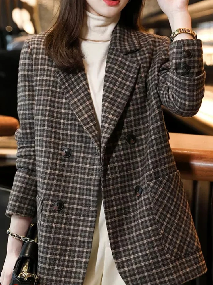 

2023 New Fashion Business Plaid Women Blazer Office Ladies Casual Long Sleeve Vintage Suit Jackets Female Korean Pockets Coat