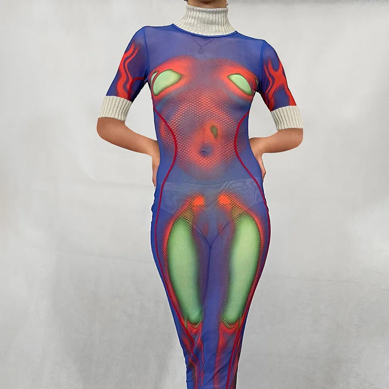 

New Women Fashion Short Sleeve Turtleneck 3D Printing Mesh Thread Slim Fit Hip Dresses