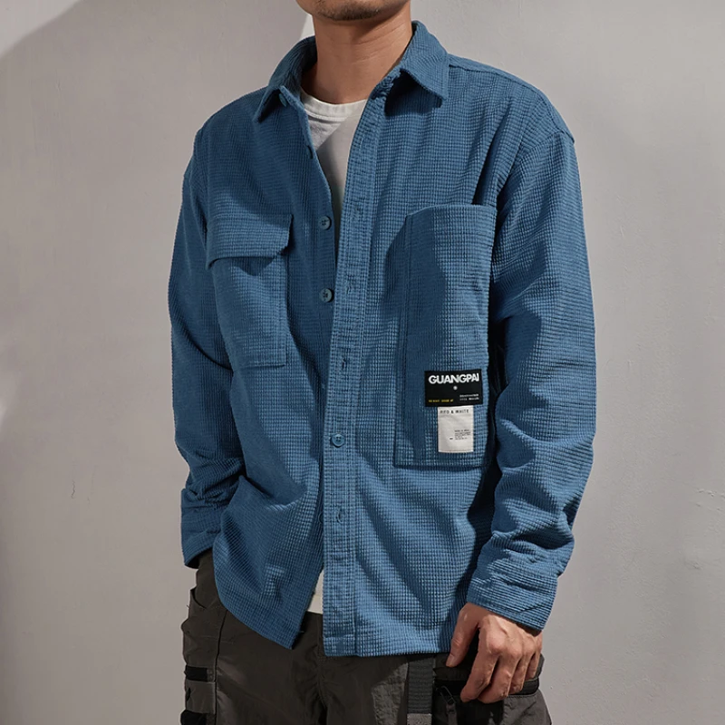 Japanese retro trendy work shirt men's new waffle heavy thick substantive shirt loose casual coat