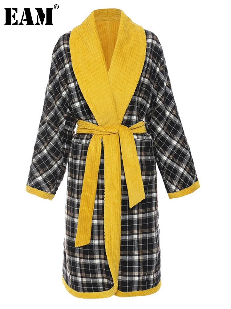 

[EAM] Women Yellow Plaid Big Size Belted Trench New Lapel Long Sleeve Loose Fit Windbreaker Fashion Spring Autumn 2022 1DE4232
