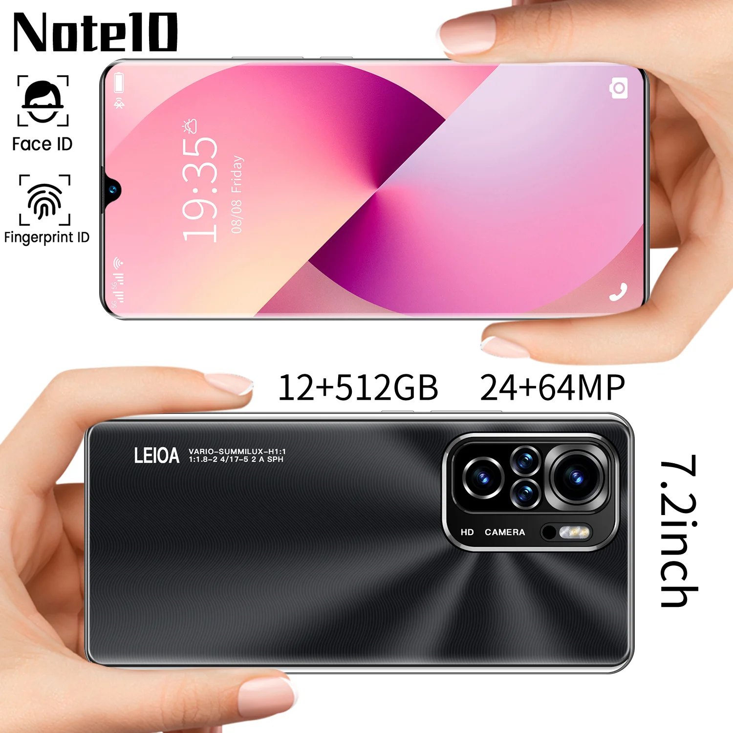 smartphone note10 7 2 inch 12512gb deca core 5000mah 2464mp smart phone dual simsd face fingerprint id mobile phone mtk6582 free global shipping