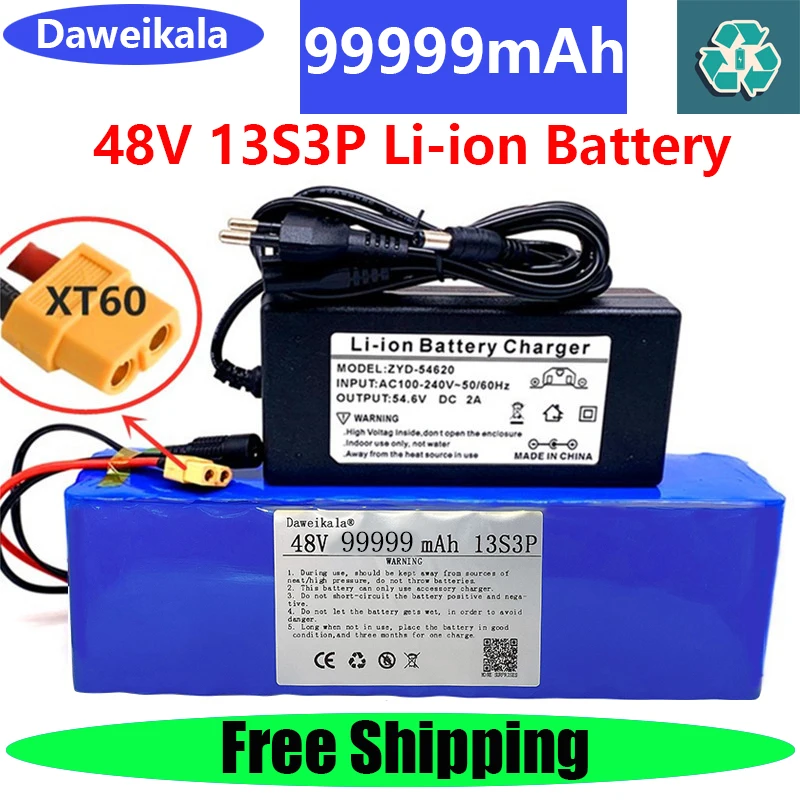 

2023 New 48V 99999mAh 1000w 13S3P XT60 48V Lithium Battery Pack 99AH For 54.6v E-bike Electric bicycle Scooter with BMS+charger