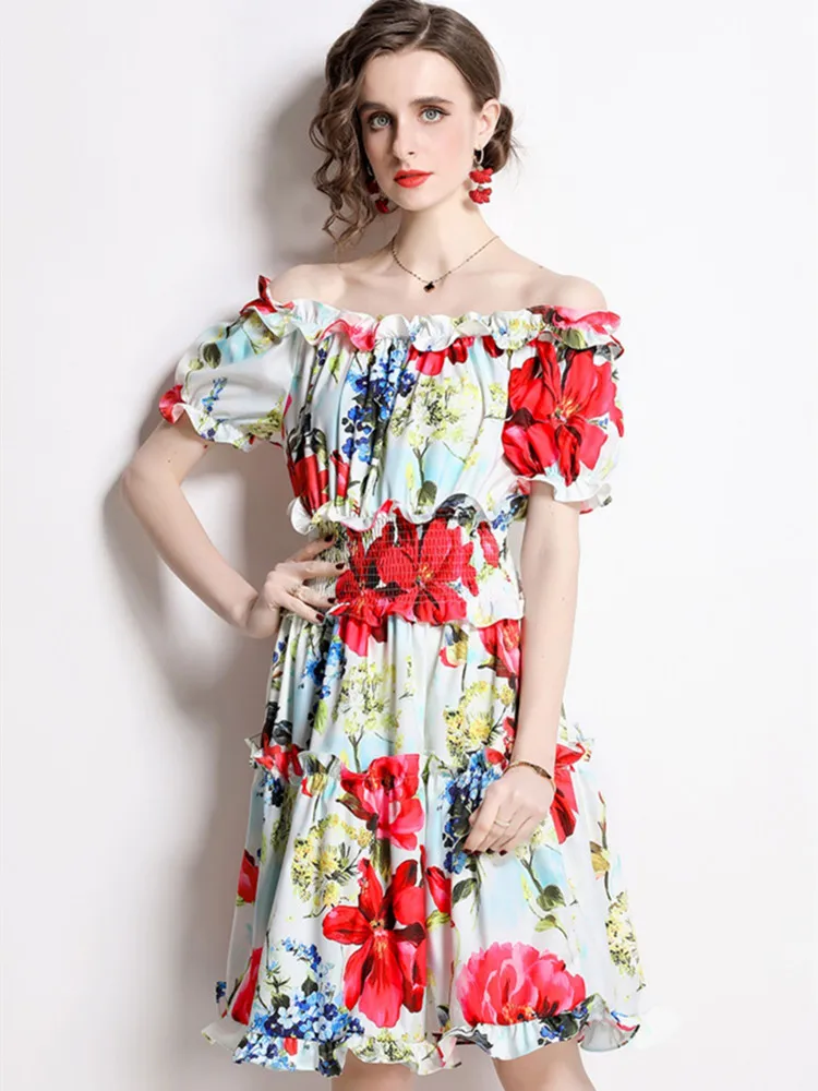 

Женское винтажное платье-трапеция с цветочным принтом, коротким рукавом-фонариком и поясом на резинке