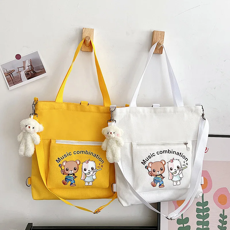 

Fashion Trend Women's Bag 2021 New Canvas Shoulder Bag Cute Bear Student Messenger Bag Literary Zipper Luxury Handbags Tote Bag
