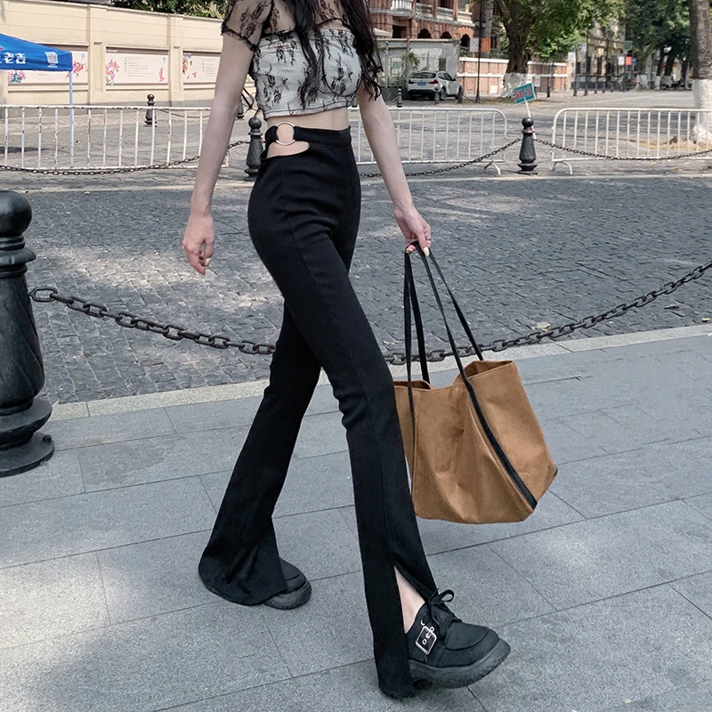 

Эластичные Брюки-клеш с высокой талией и разрезом, дизайнерские брюки, длинные леггинсы с разрезом на подоле, ребристые повседневные эласти...