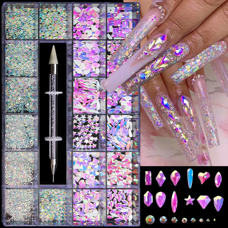 

21 Grids/box Crystal AB Rhinestones Nail Gems Nail Charms Nail Kit Nail Art Rhinestones Dotting Pen Nail Decoration Jewelry Set