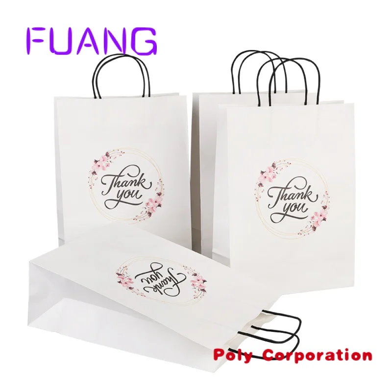 Wholesale customised size print logo fancy thank you white kraft paper bag special day wedding personalised gift bag with handle