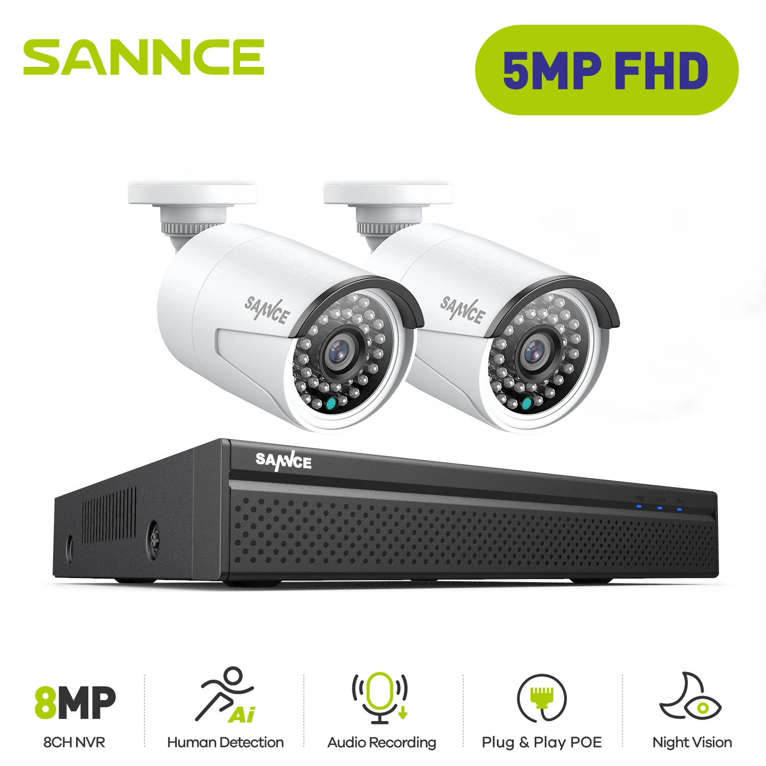 Система видеонаблюдения SANNCE 8 каналов 5 МП POE HD H.264 + NVR 2 IP-камеры