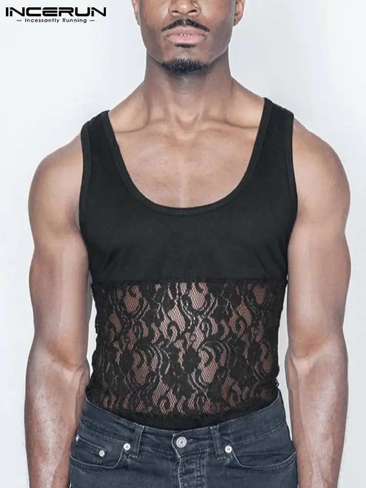 

INCERUN Tops 2022 American Style Sexy Leisure Men's Lace Stitching Waistcoat Casual Streetwear Comfortable Hot Sale Vests S-5XL
