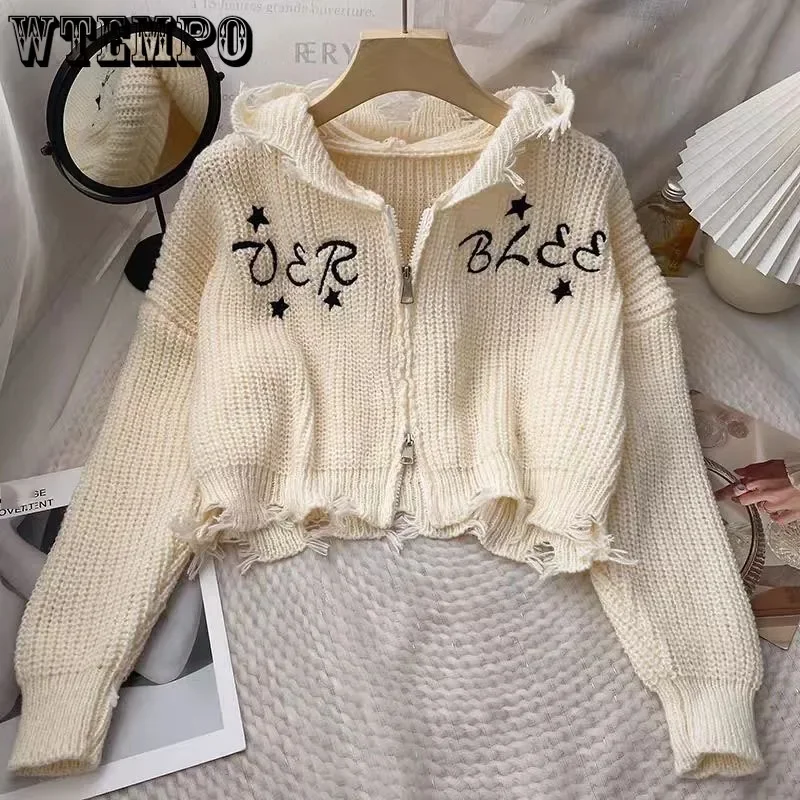 

Hooded Sweater Coat High Waist Irregular Tassels Hole Letter Embroidery Women's Short Top Loose Casual American Fashion Autumn