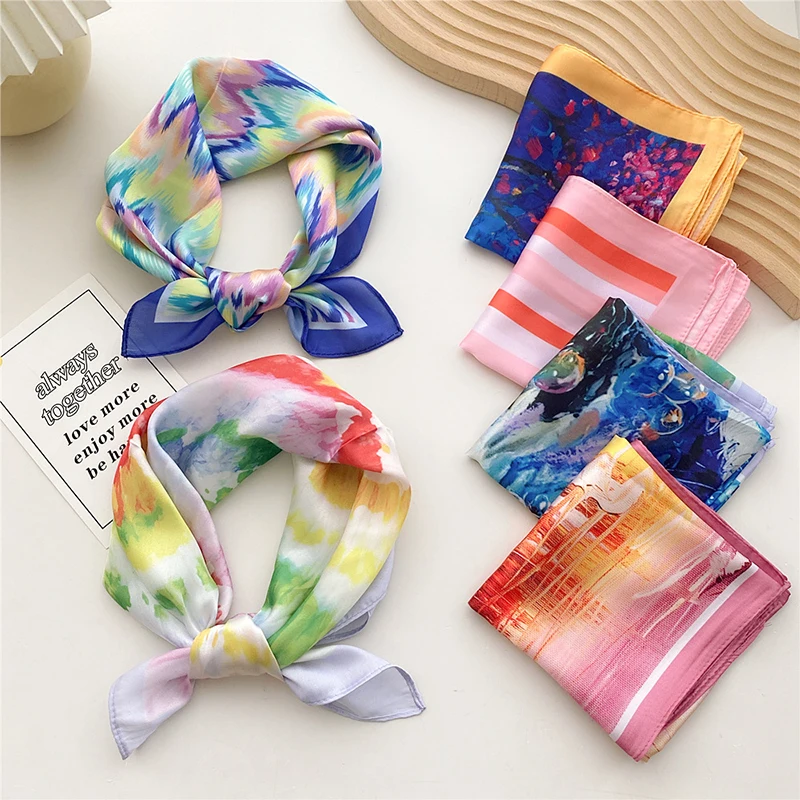 

Silk Satin Square Soft Scarf Fashion Luxury High Quality Headband Shawls 53*53cm Colorful Handkerchief Neck Scarf For Women