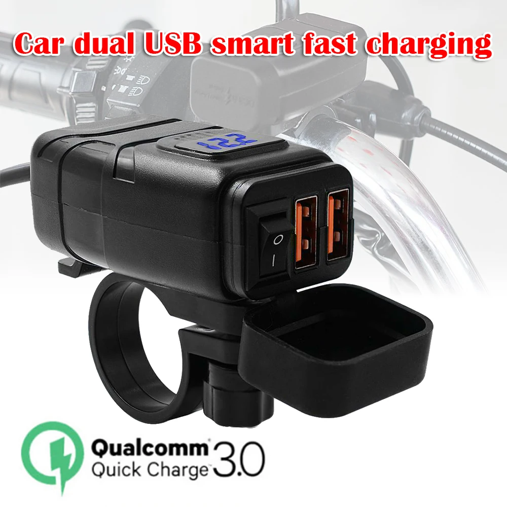 

Motorcycle Vehicle-Mounted Charger Waterproof USB Adapter 12V Phone Dual Quick Charge 3.0 Voltmeter Switch For Motorcycle/Bike