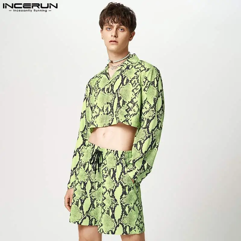 

INCERUN Men Sets Leopard Print Lapel Long Sleeve Crop Shirt & Shorts 2PCS Streetwear 2022 Loose Fashion Men Casual Suits S-5XL