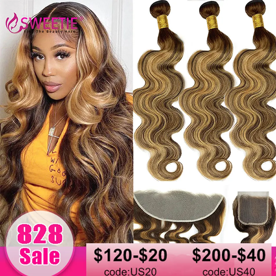 Ed Human Hair Bundles With Frontal 3/4 Bundle Deals P4/27 Piano Color