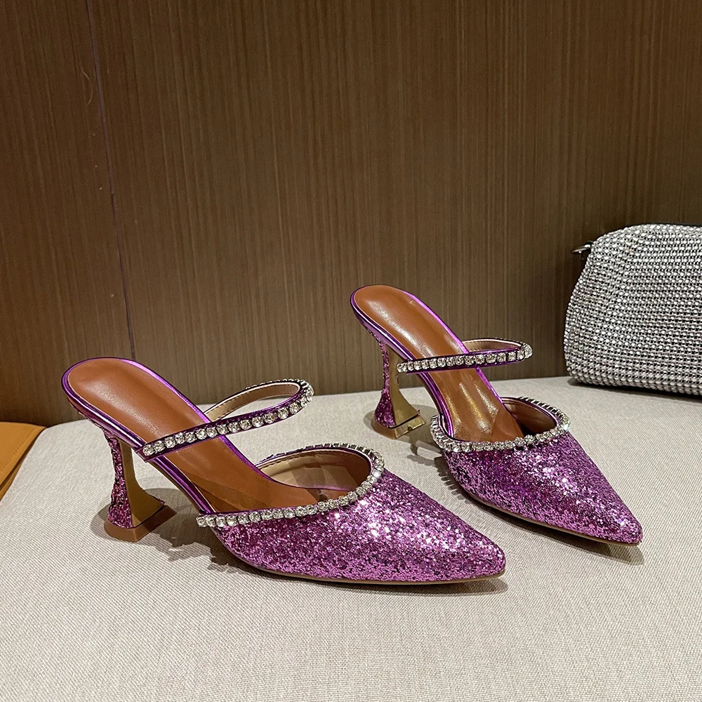 

New pointed toe purple rhinestone women's shoes sequins stiletto toe half drag high heel sandals and slippers