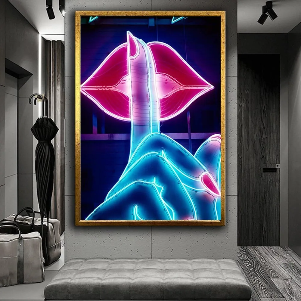 Нажмите знак красные губы постер и принт неоновая настенная живопись печать на