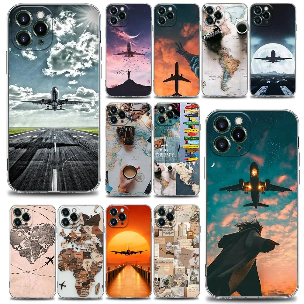 

Funda Coque Clear Phone Case for iPhone Apple 11 12 13 14 Pro 7 8 SE X XR XS Max Mini Plus Case World Map Travel Airplan Plane