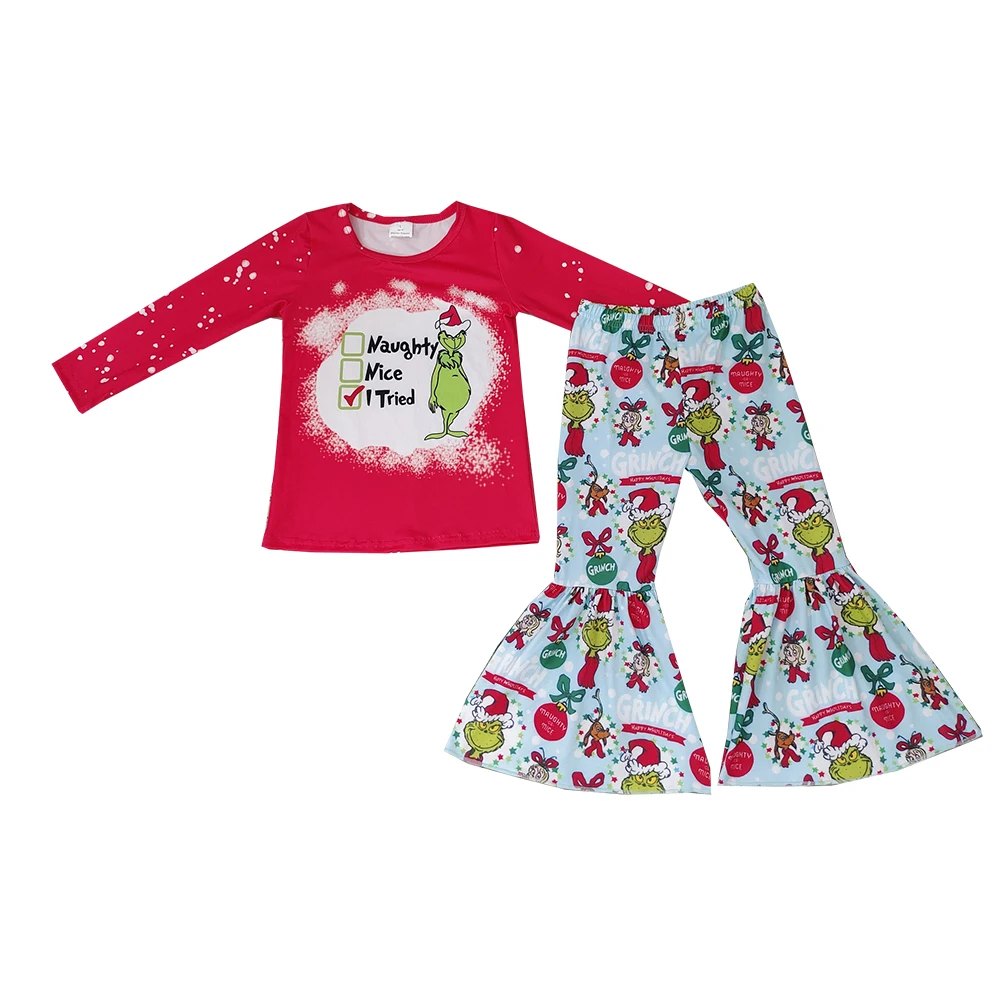 

New Kids Family Christmas Clothing Santa Green Cartoon Girls Long Sleeve Bell Bottom Pants Outfits Baby Rompers