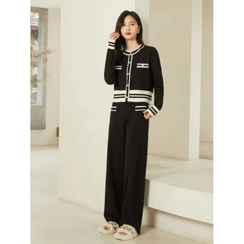 

Женский винтажный костюм из двух предметов, Трикотажный костюм контрастных цветов с коротким топом с длинным рукавом и широкими штанинами, одежда для осени 2023