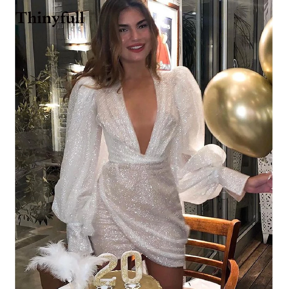 

Блестящее модное Короткое свадебное платье с блестками и V-образным вырезом без рукавов 2022 короткое пляжное платье принцессы невесты сваде...