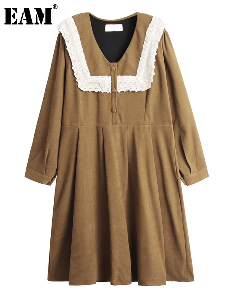 

[EAM] Women Yellow Lace Vintage Big Size Dress New Peter Pan Collar Long Sleeve Loose Fit Fashion Spring Autumn 2022 1DE7845