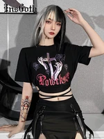 insgoth goth y2k rose cross print woman t shirt harajuku anime letter strap crop top fashion hollow out o neck short sleeve tee