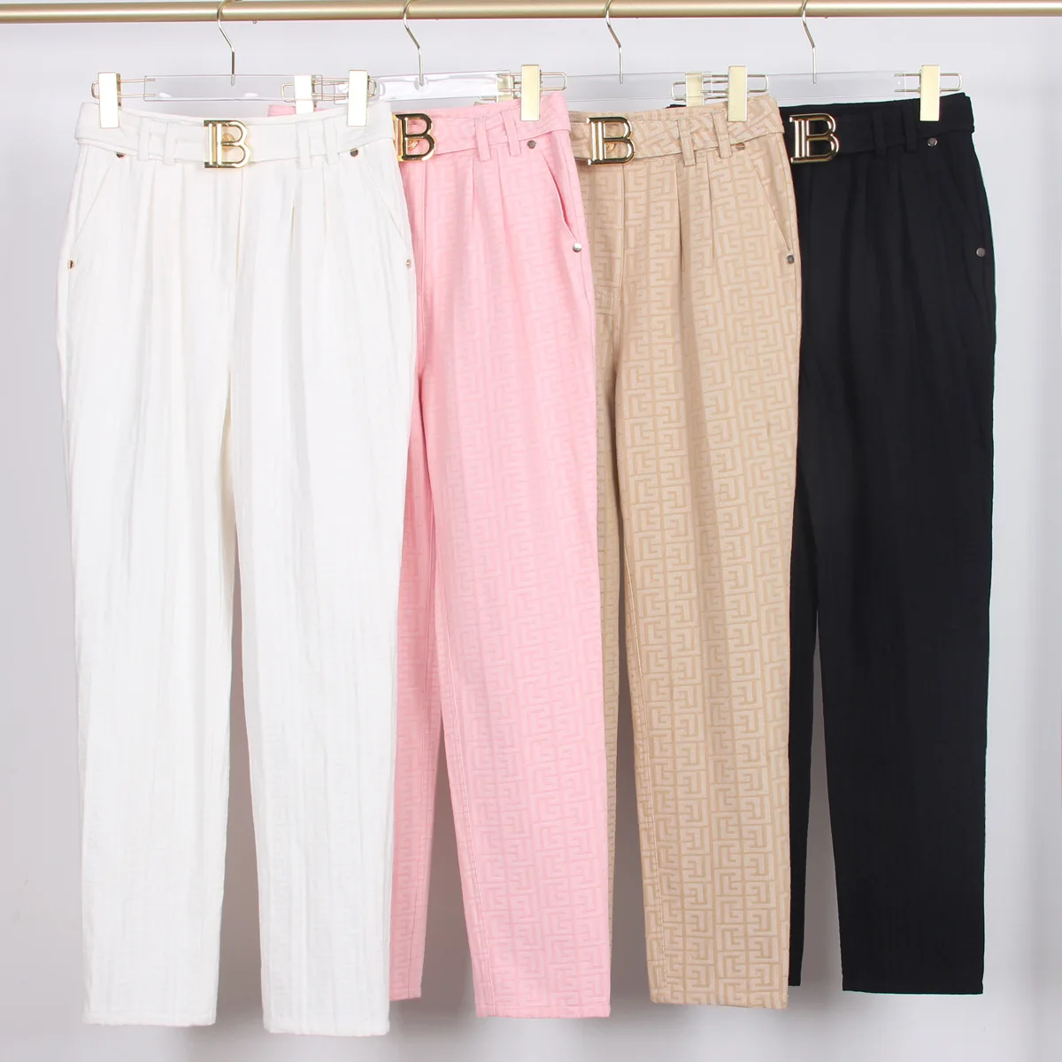 2022 Spring And Autumn New High-quality Jacquard Fabric Black And White Powder Khaki Casual High-end Casual Women's Pants