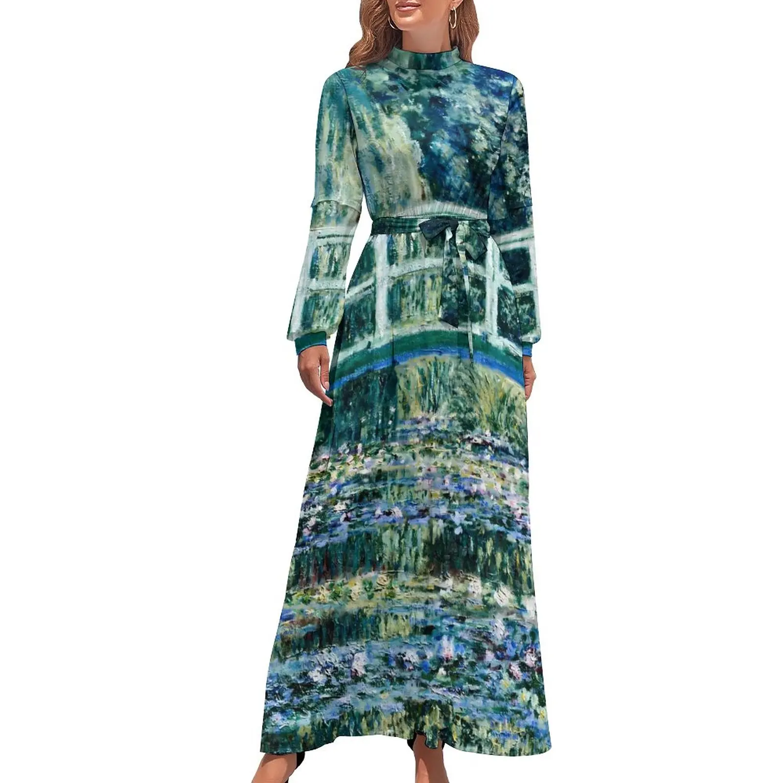 

Water Lily Dress Claude Monet Korean Fashion Beach Dresses Female Long Sleeve High Neck Elegant Long Maxi Dress
