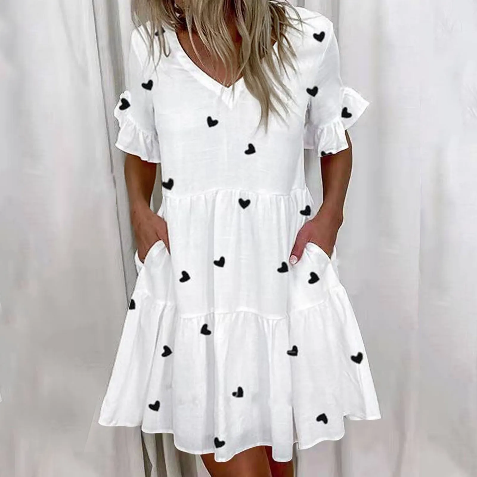 

Casual Ruffles Loose Women V Neck Dress Heart Printing Mid Sleeve Pleated Dress Women's Pocket Dress Summer White Boho Dresses