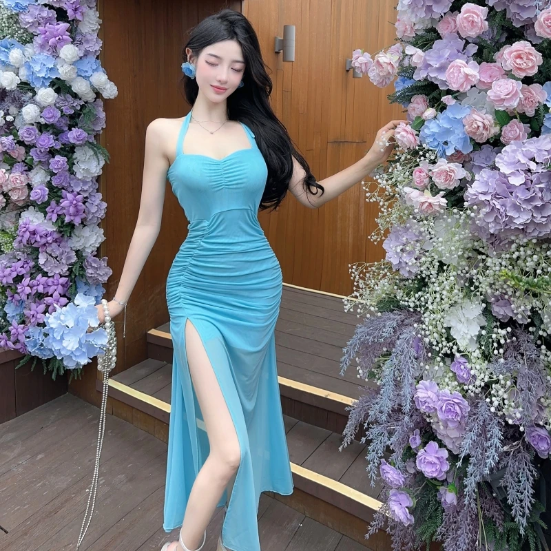 

Beauty Comes Hanging Neck Slim Fit Long Dress Lake Blue Split Mesh Royal Sister Pure Desire Celebrity Style Dress