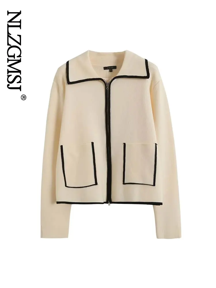 

Nlzgmsj Women Winter Apricot Doll Collar Zipper Cardigan Sweater Retro Contrast Soft Sweaters Women Straight Commuter Cardigans