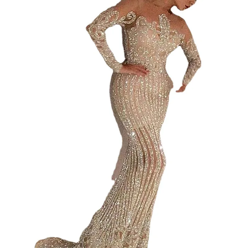 2022 Autumn Luxury Women Sequined Evening Dress Sexy Gilded Long Sleeve Mid-waist Temperament Long Skirt Floor Evening Dress