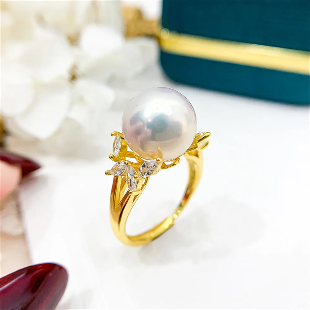 

DIY pearl accessories S925 sterling silver jewelry Gorgeous gold ring empty hold Fit 12-13mm beads