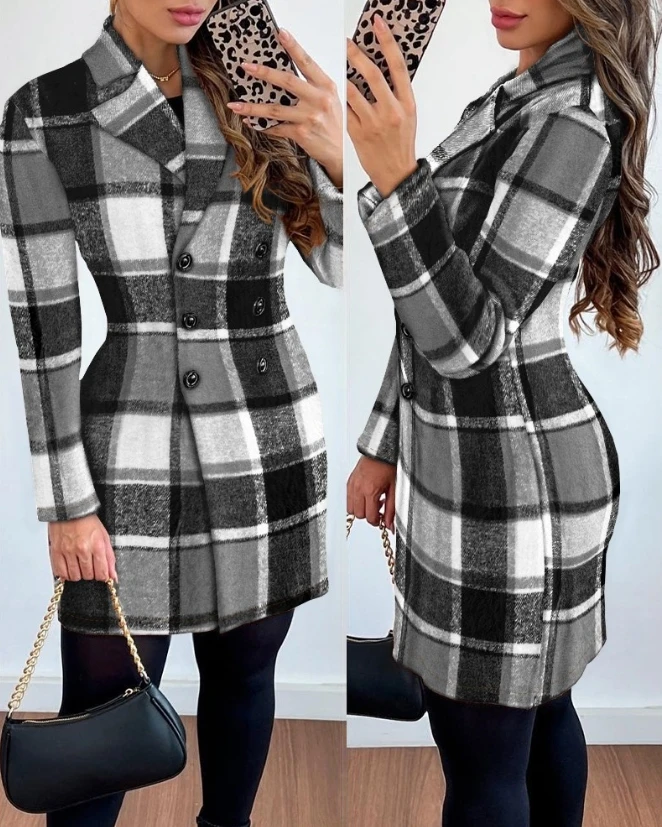 

Female Elegant Plaid Double Breasted Blazer Jacket Temperament Commuting OL Work Office Women's Fashion Long Sleeve Suit Coat