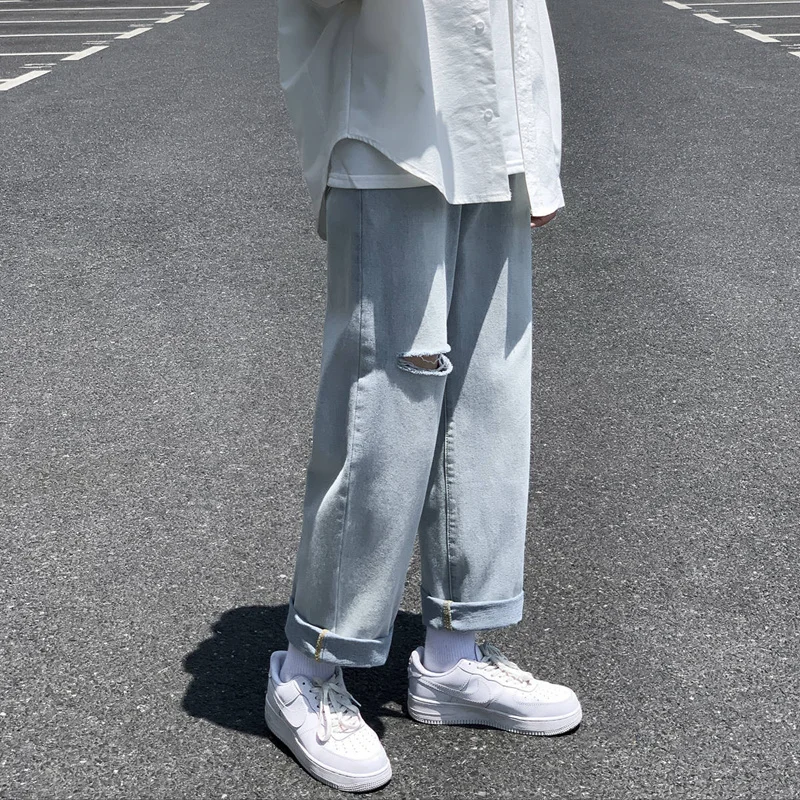 Ripped Jeans Men's Spring Ins Tide Brand Loose High Street Beggar Wide-leg Trousers Spring and Autumn All-match Straight Pants
