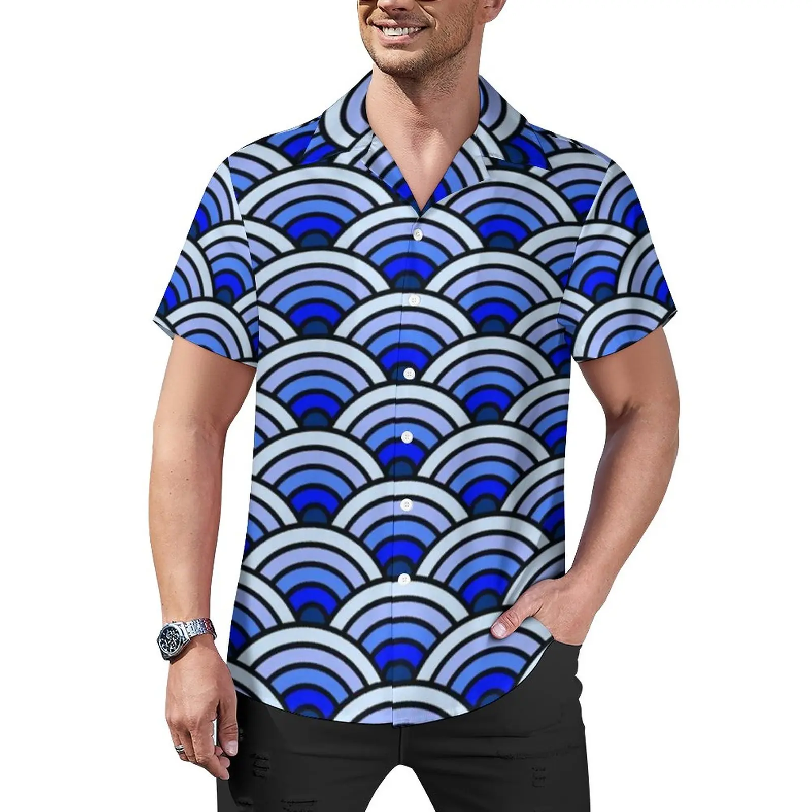 

Blue Waves Seigaiha Beach Shirt Traditional Japanese Hawaii Casual Shirts Men Street Style Blouses Short Sleeve Graphic Top 4XL