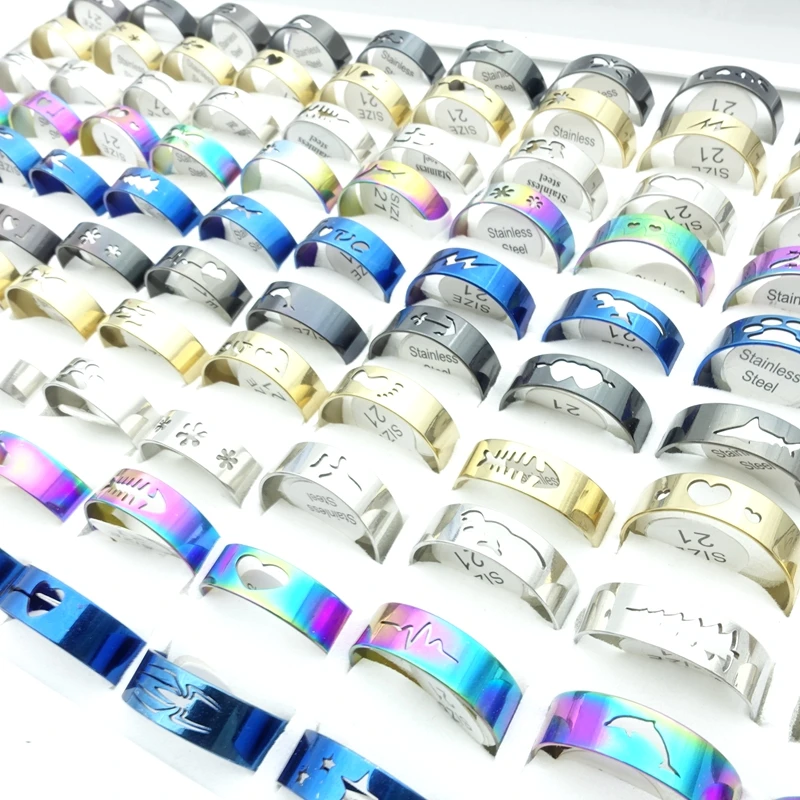 

Wholesale 50/100pcs Stainless Steel Rings For Men Women Laser Cut Patterns Fashion Jewelry Finger Accessories Party Gift 5 Color