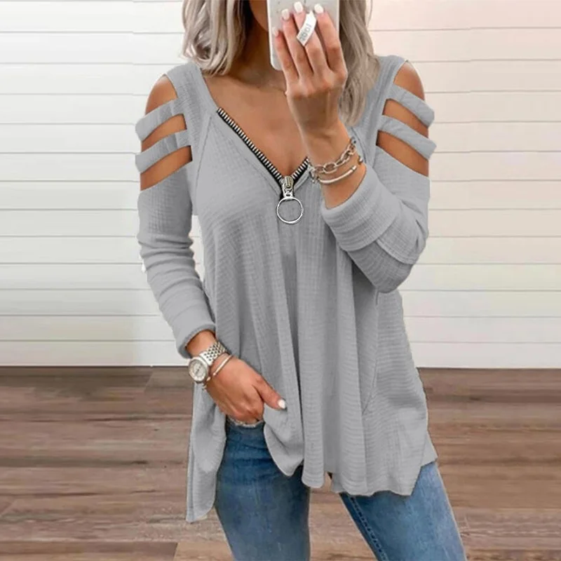 

Sexy Deep V-Neck Zipper Tops Women Solid Colors Hollow Out Long Sleeve T-shirts Spring Autumn Fashion Plus Size Casual Clothing
